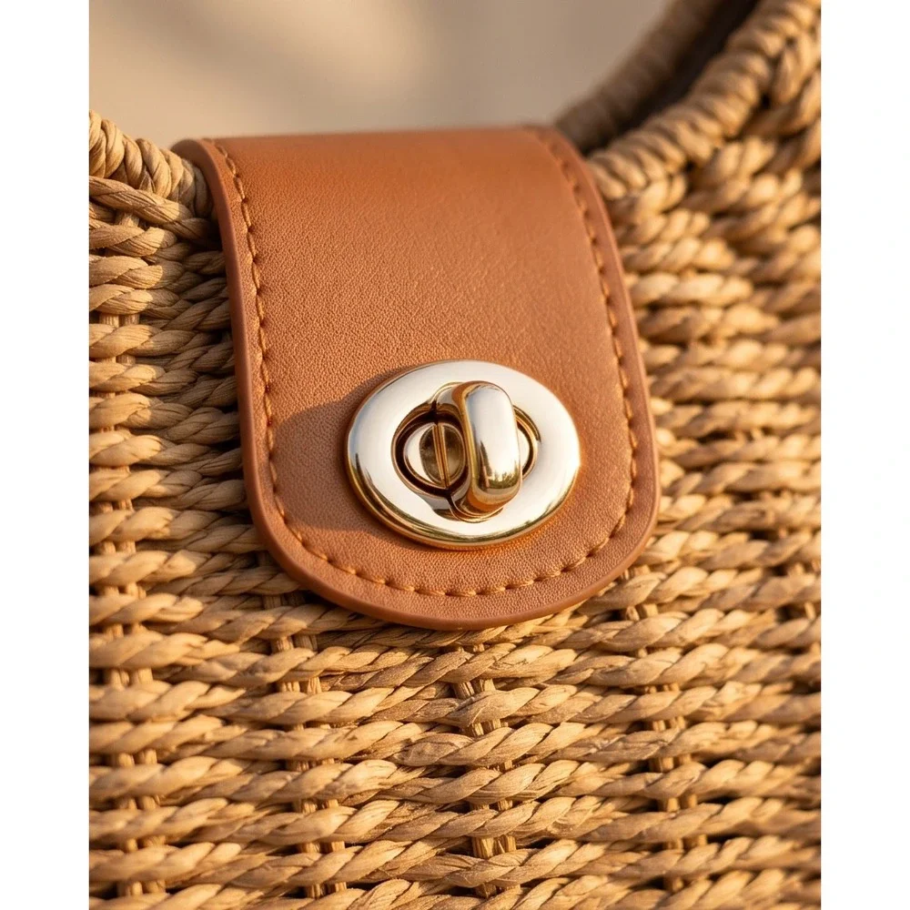 Woven Straw Crossbody Bag Tan Gold Chain Strap Turn Lock‎ Summer Beach Clutch